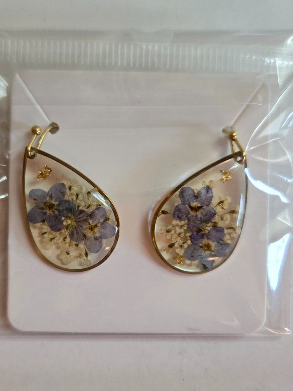 Blue Real Flower Sterling Earrings, NEW